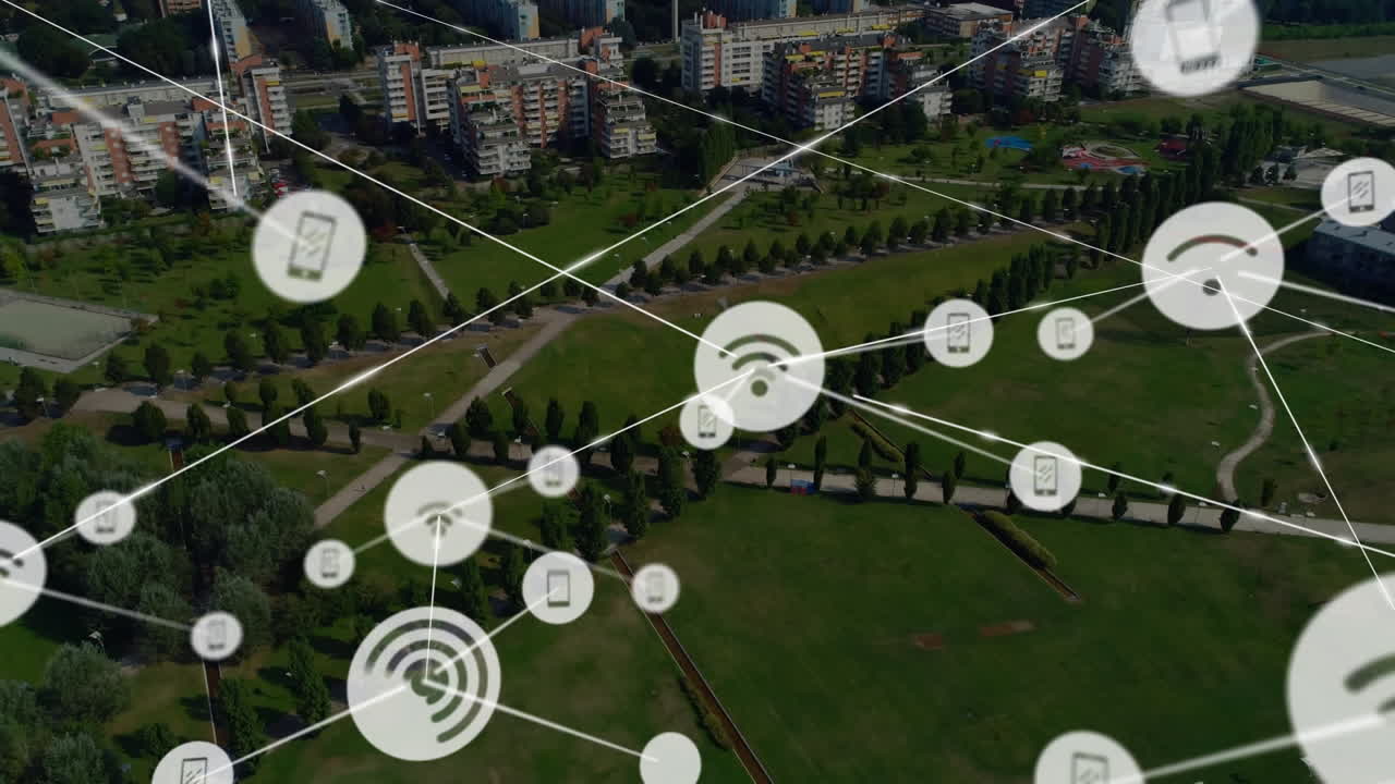 animación de la red de conexiones con iconos sobre el paisaje urbano