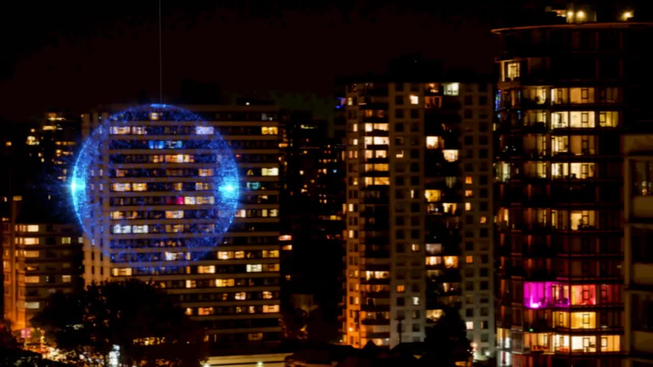 animación de una joya azul brillante sobre un paisaje urbano borroso