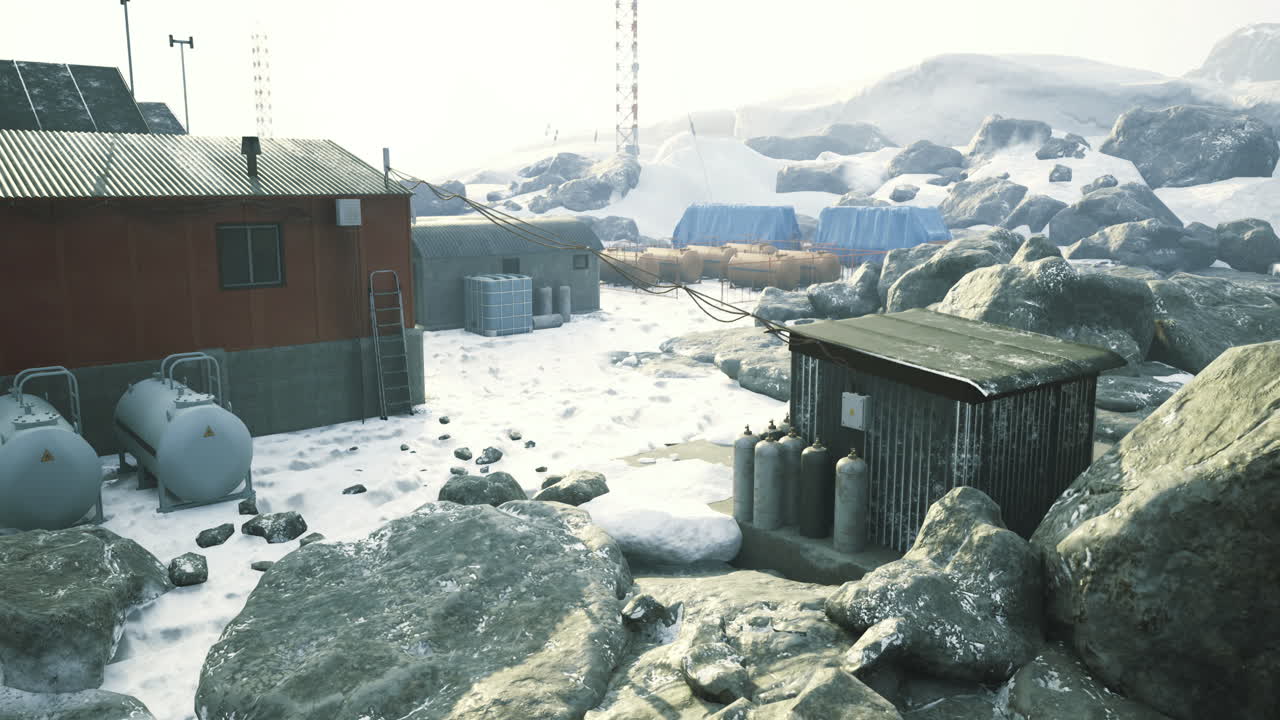 눈 인 북극 풍경에 위치한 연구 시설