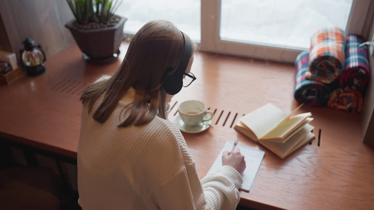 rear view of woman in white sweater wearing headphone studying with open book while writing in notebook on wooden table near window with natural light, folded cloth, and cup in warm cozy setting