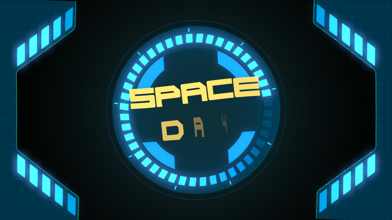 Space Day with neon screen with glowing shapes