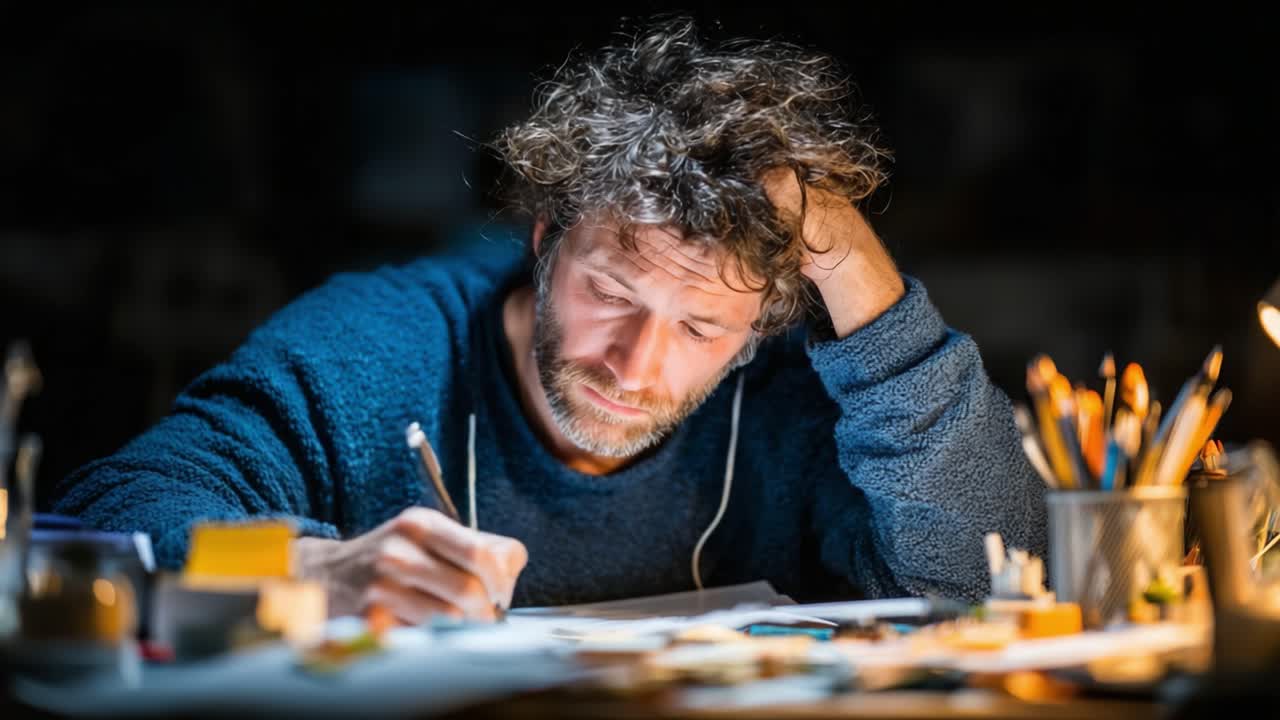 A Focused Artist Contemplates His Work in Dim Light, Surrounded by Tools and Materials, Capturing the Essence of Creative Struggle and Reflection