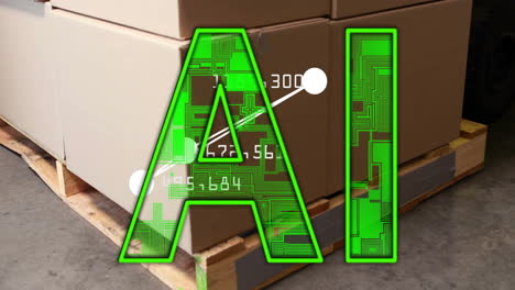 ai text with circuit patterns over stacked cardboard boxes in warehouse