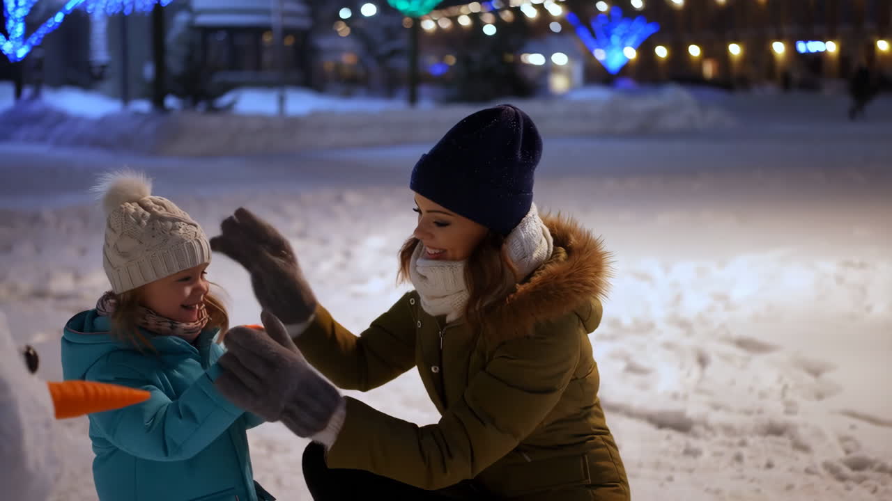 Mother and child building a snowman in the winter