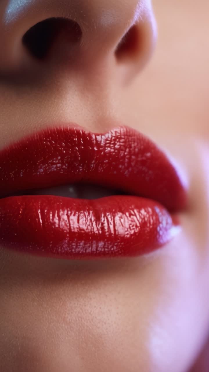 Primo piano di labbra rosse voluttuose con finitura lucida: catturare la bellezza e i dettagli di un trucco labbra vibrante in due splendide inquadrature.