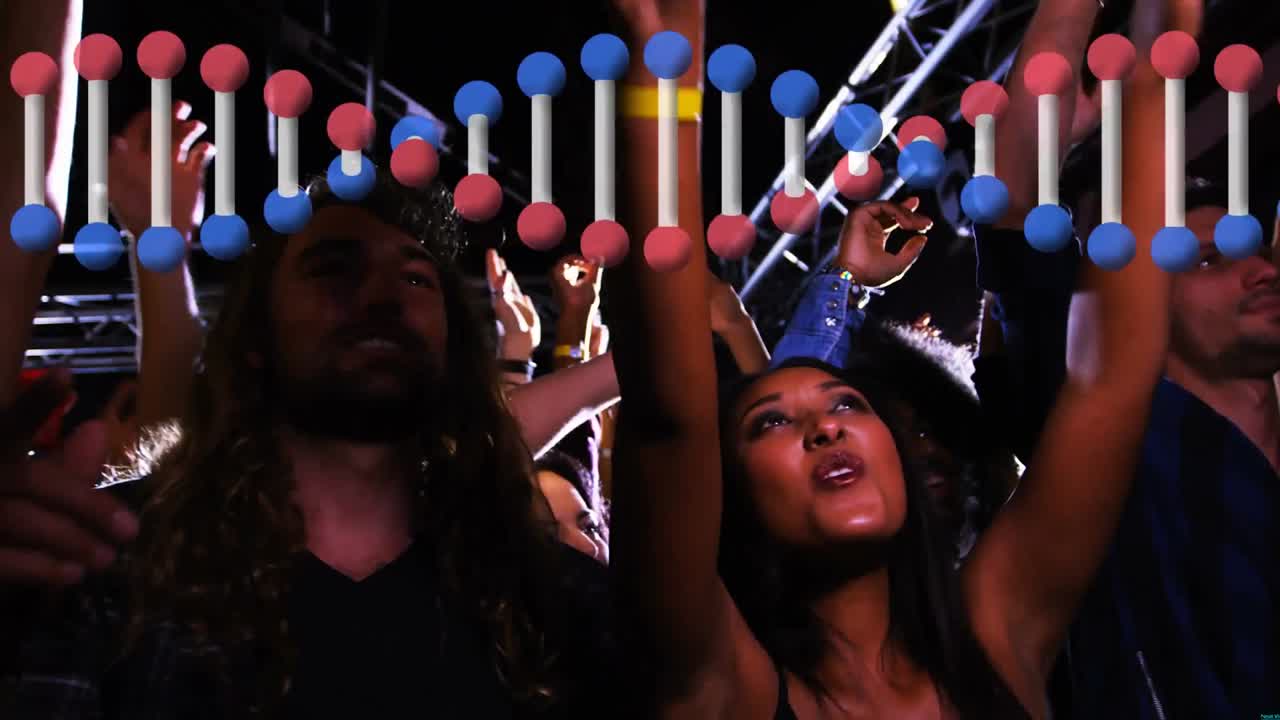 Animation of rotating 3d dna strand, over happy diverse crowd dancing at music festival