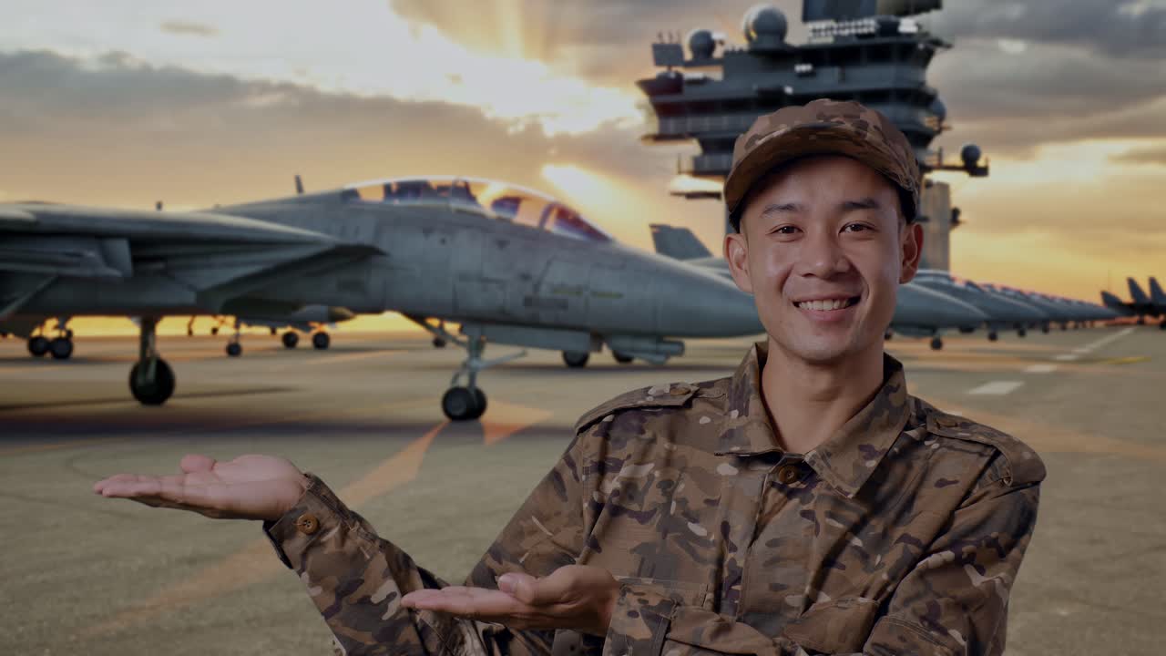 Military Personnel Presenting on Aircraft Carrier Deck at Sunset