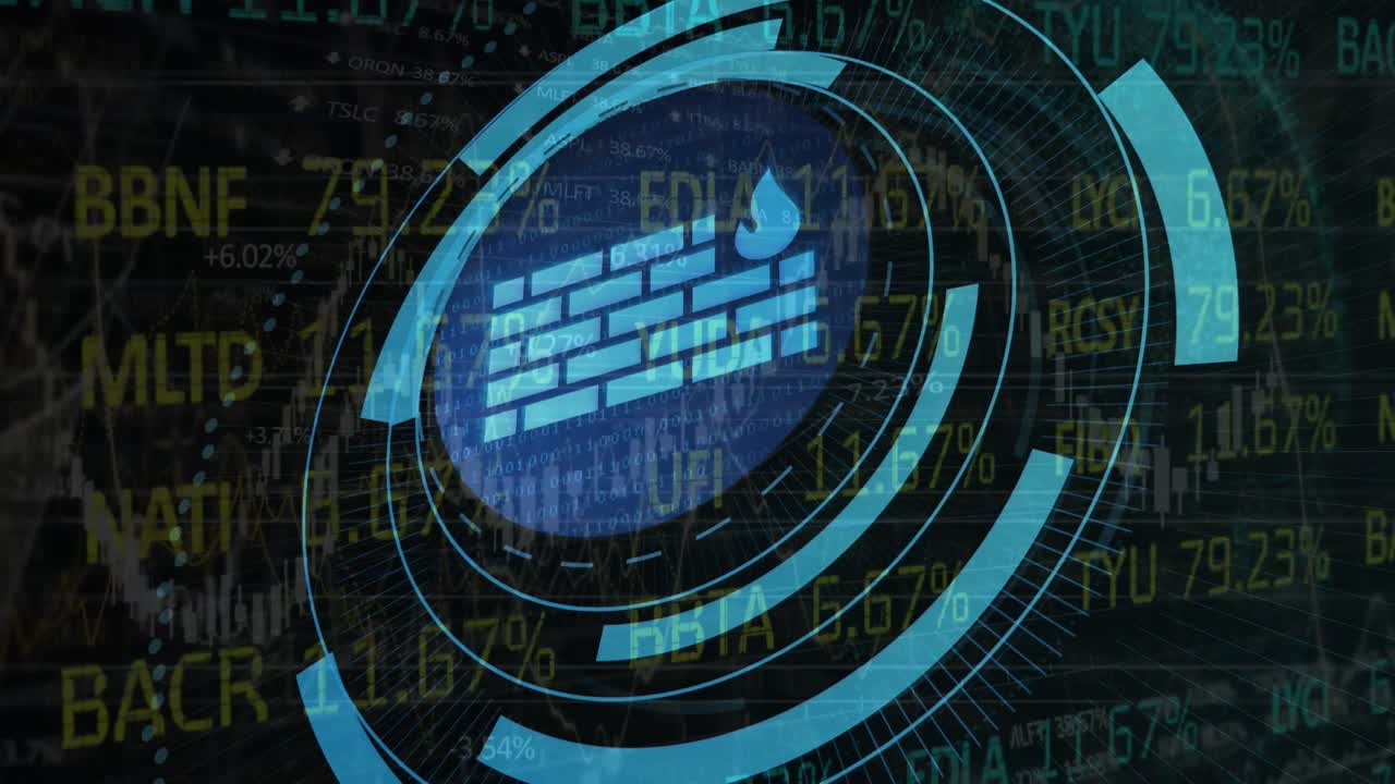Animation of scope scanning with wall icon and graph over stock market on black background