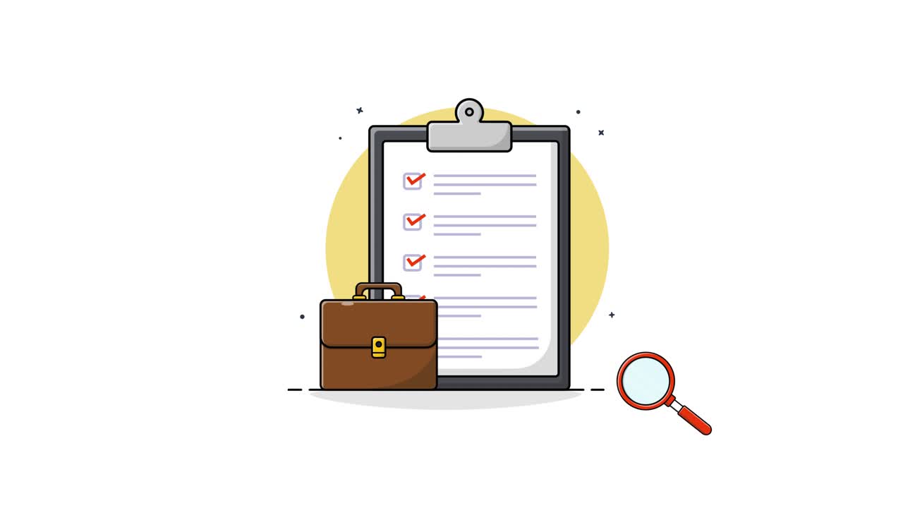 Animated Checklist with Magnifying Glass and Briefcase
