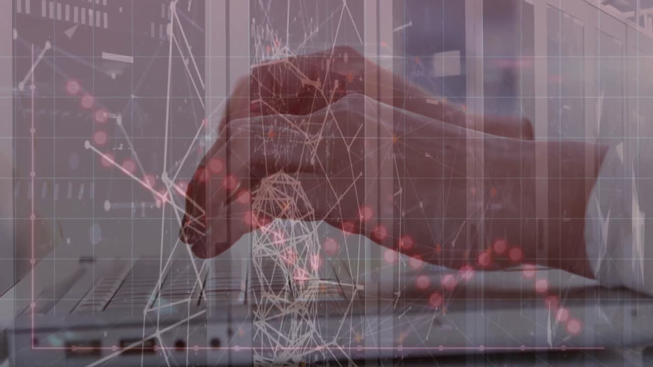 서버 과 키보드에서 손으로 타이핑하는 연결 네트워크의 애니메이션