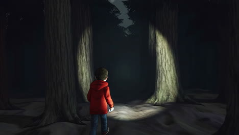 a child explores a dark, mysterious forest with a flashlight