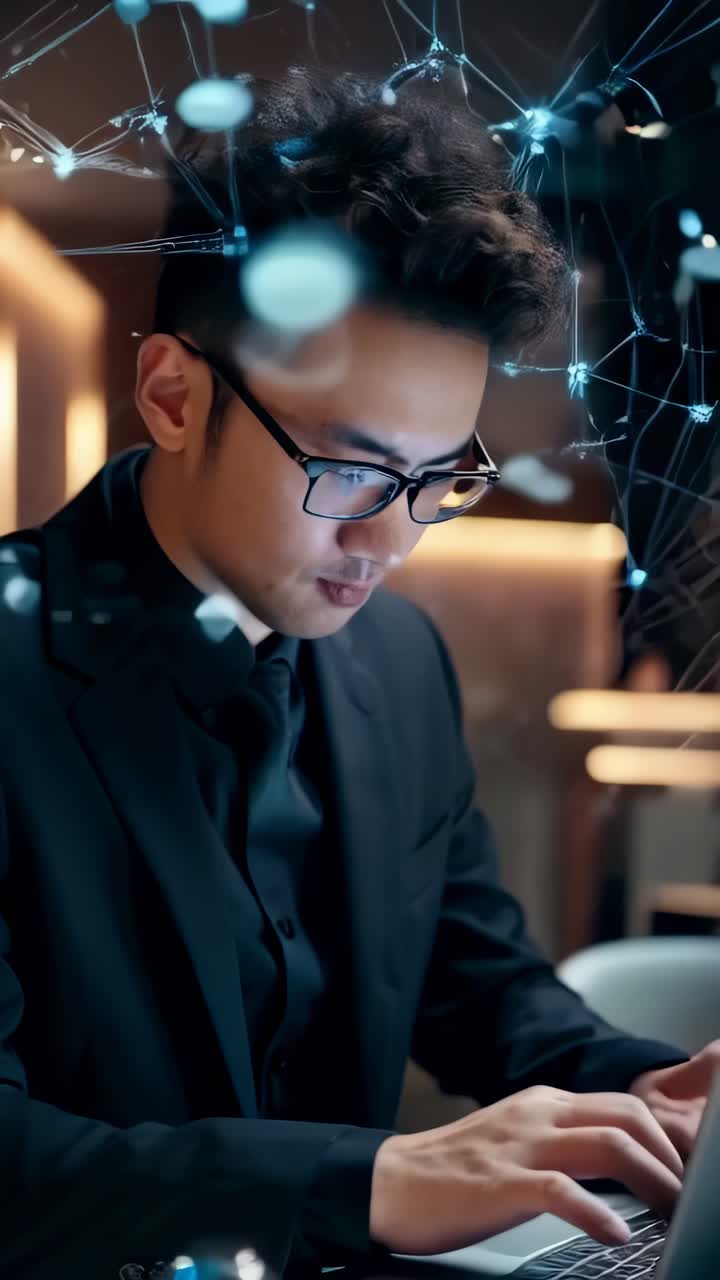 En asiatisk forretningsmand med briller, der arbejder på en bærbar computer med et digitalt netværkskort i baggrunden