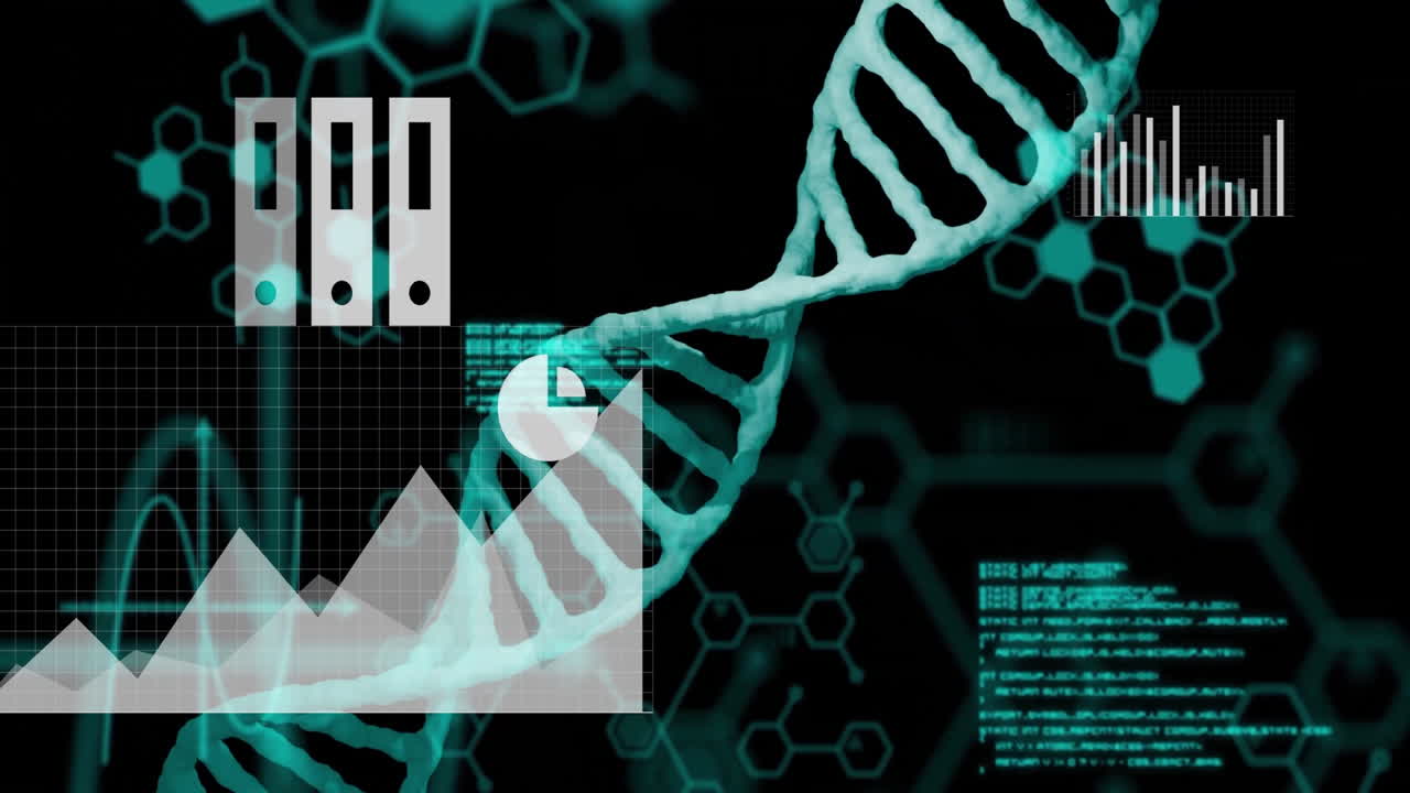 DNA strand and data charts animation over scientific research background