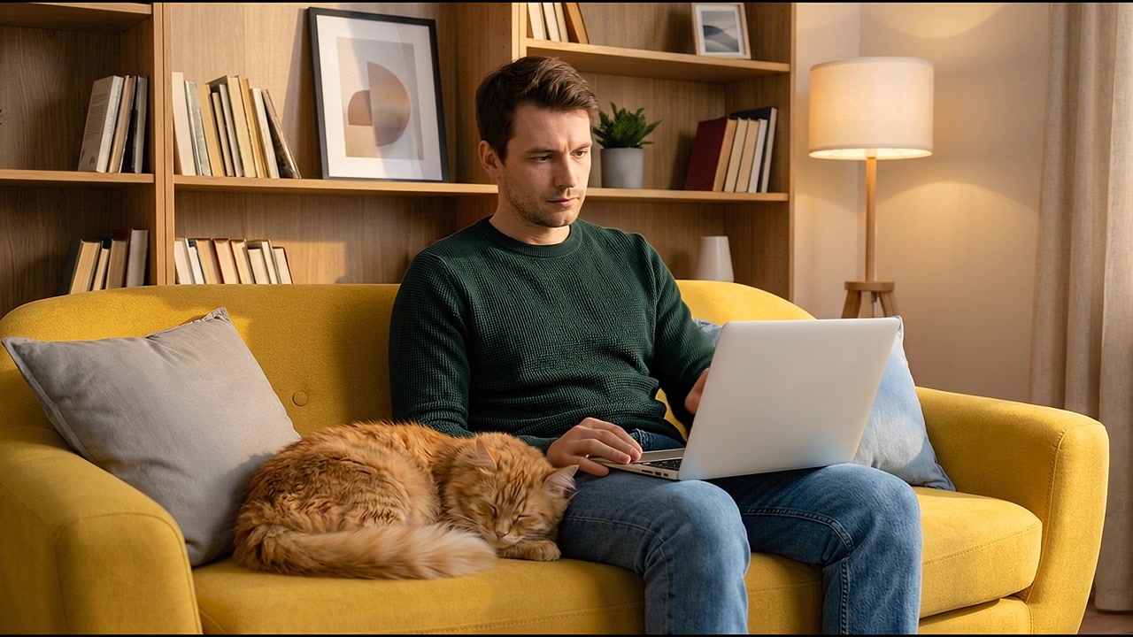 Giovane uomo che lavora da remoto al computer portatile accanto a un gatto che dorme in un accogliente soggiorno moderno