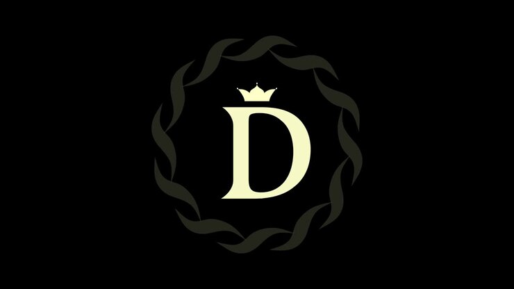 Animation of logo design. Luxury monogram. Round Emblem rotates. Capital letter D. Falling crown. Drawn ribbon. Art template in motion.