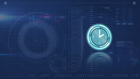 animación de un reloj moviéndose sobre un fondo azul con datos diversos