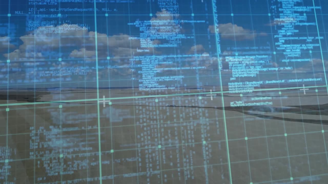 Desert landscape activating scan overlay as turquoise grid fading, code scrolling for surface scan