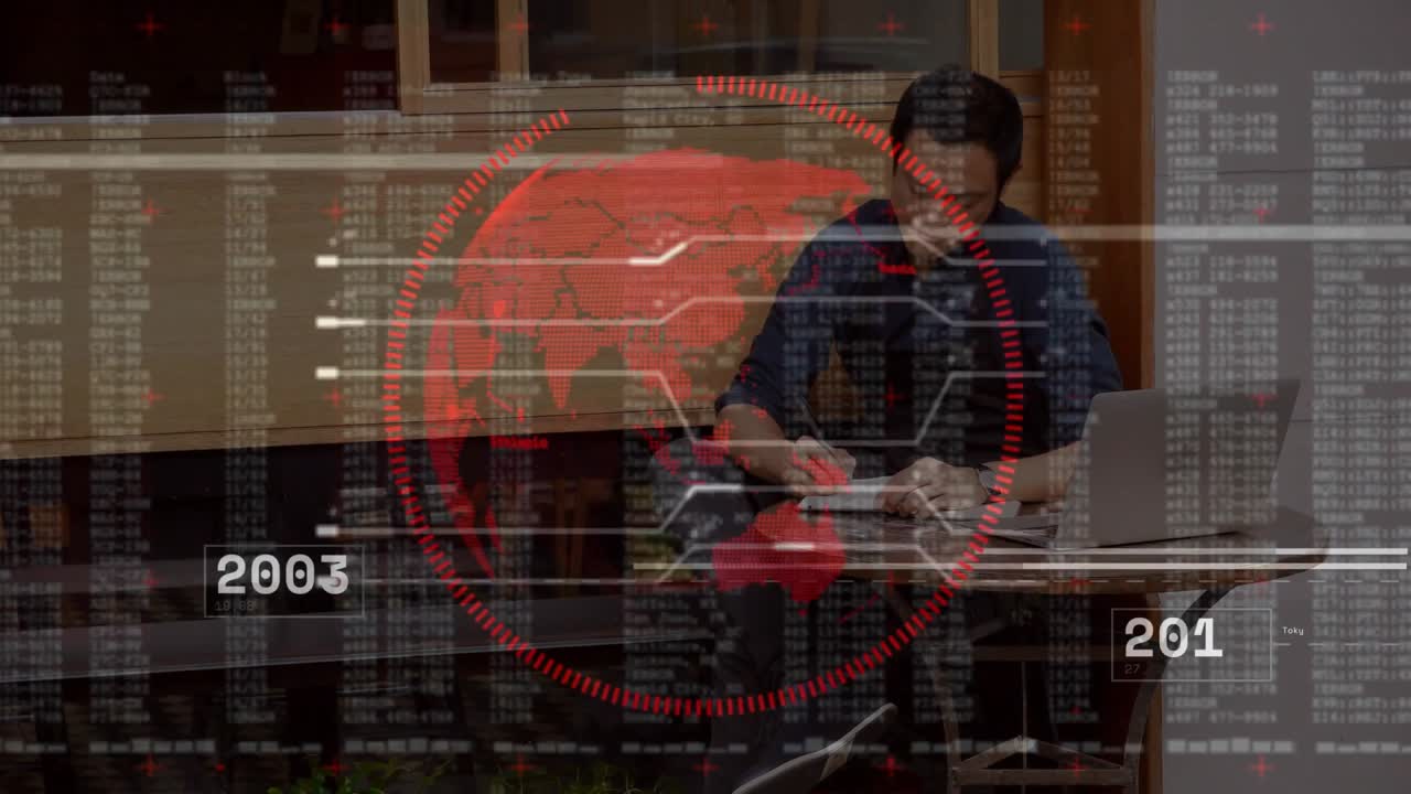 Man writing notes on notebook, summoning animated globe timeline for technology data tracking