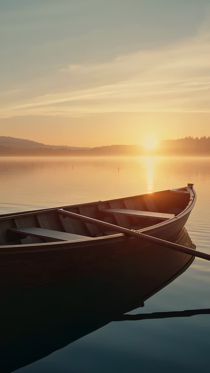 Video verticale: la fotocamera si sposta mentre il sole sorge, avvicinandosi a una barca a remi sul lago con il remo, spazio per il testo