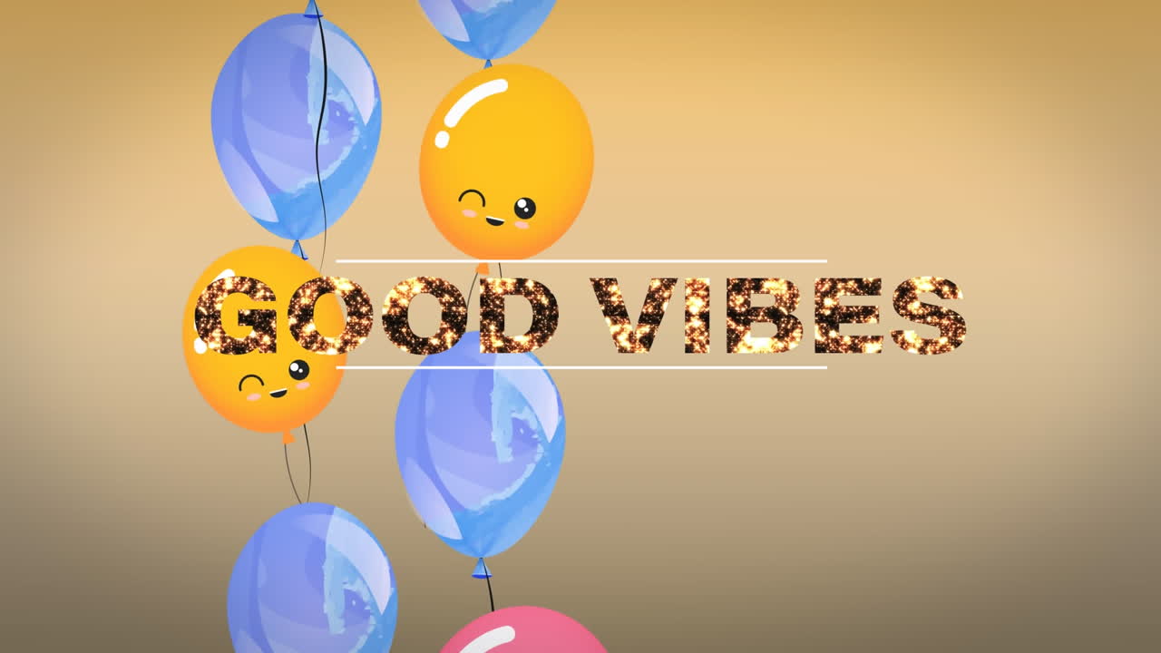 갈색에 떠다니는 풍선과 함께 반 ⁇ 이는 금으로 좋은 진동 단어의 애니메이션