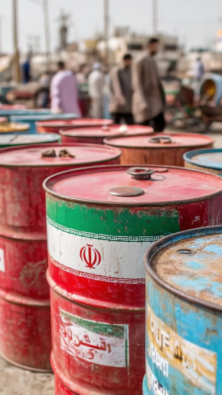 Bunte Trommeln, gestapelt auf einem belebten Markt mit markanten iranischen Symbolen, die das Zentrum des lokalen Handels und der Geschäftsaktivitäten widerspiegeln.