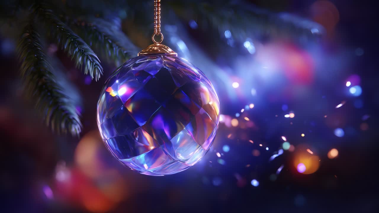 Sparkling Disco Ball Ornament Hang from a Pine Tree Branch, Radiating Colorful Lights Against a Dreamy Background, Perfect for Festive and Celebratory Decor Featuring Cheerful Bokeh Highlights