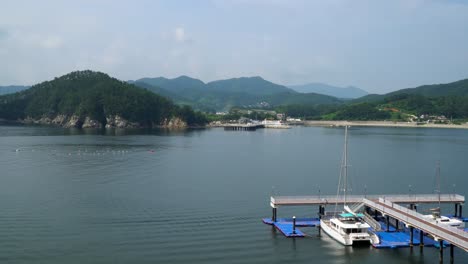 Catamaran-Boats-Docked-At-The-Harbor-In-Geoje-Island-Near-Hanwha-Resort,-South-Korea