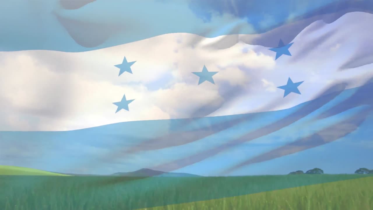 Composizione digitale di bandiera dell'Honduras che sventola contro la vista di un paesaggio agricolo