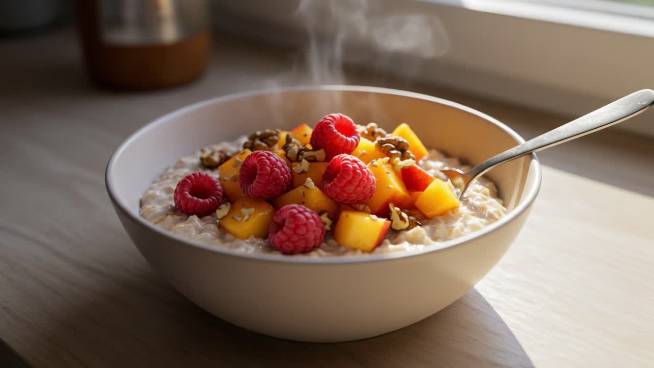 Una deliziosa ciotola di avena calda con lamponi freschi, pesche succose e noci croccanti per una colazione nutriente