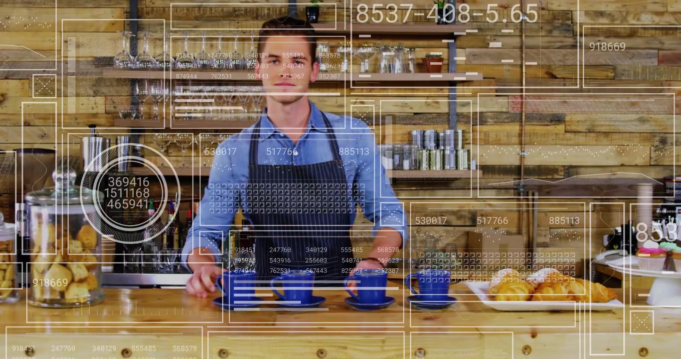 Video verticale: Posizionamento della tazza, barista con grembiule e camicia blu che prepara 4 set di tazze blu dietro un HUD del bancone.