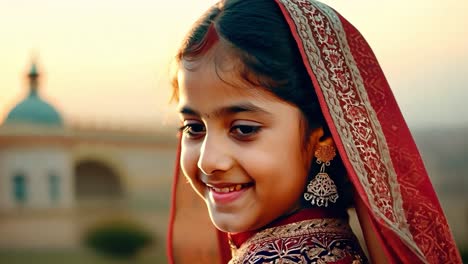 a young indian girl in a red dress and gold jewelry smiling at the camera