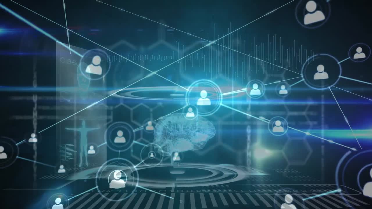 Animation of network of connections over human brain and medical data processing on screen