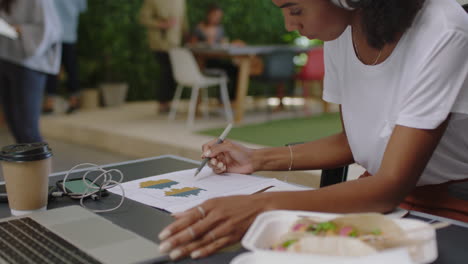 young african american business woman using laptop researching online using graph data writing notes working on project brainstorming in diverse office workplace close up