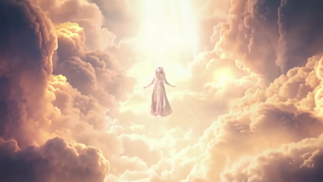 Angelo che ascende tra nuvole dorate nel cielo