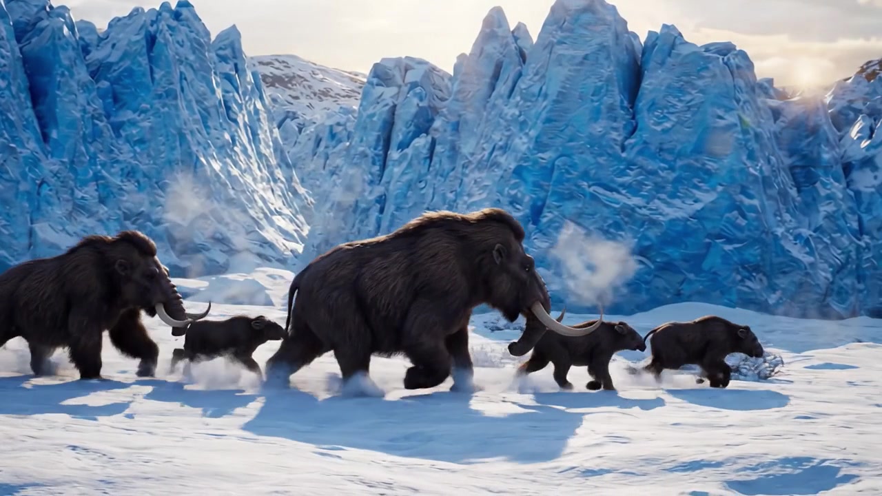 A Family of Mammoths and Their Young Journeying Through a Frozen Arctic Landscape Surrounded by Towering Ice Formations and Snow-Covered Terrain