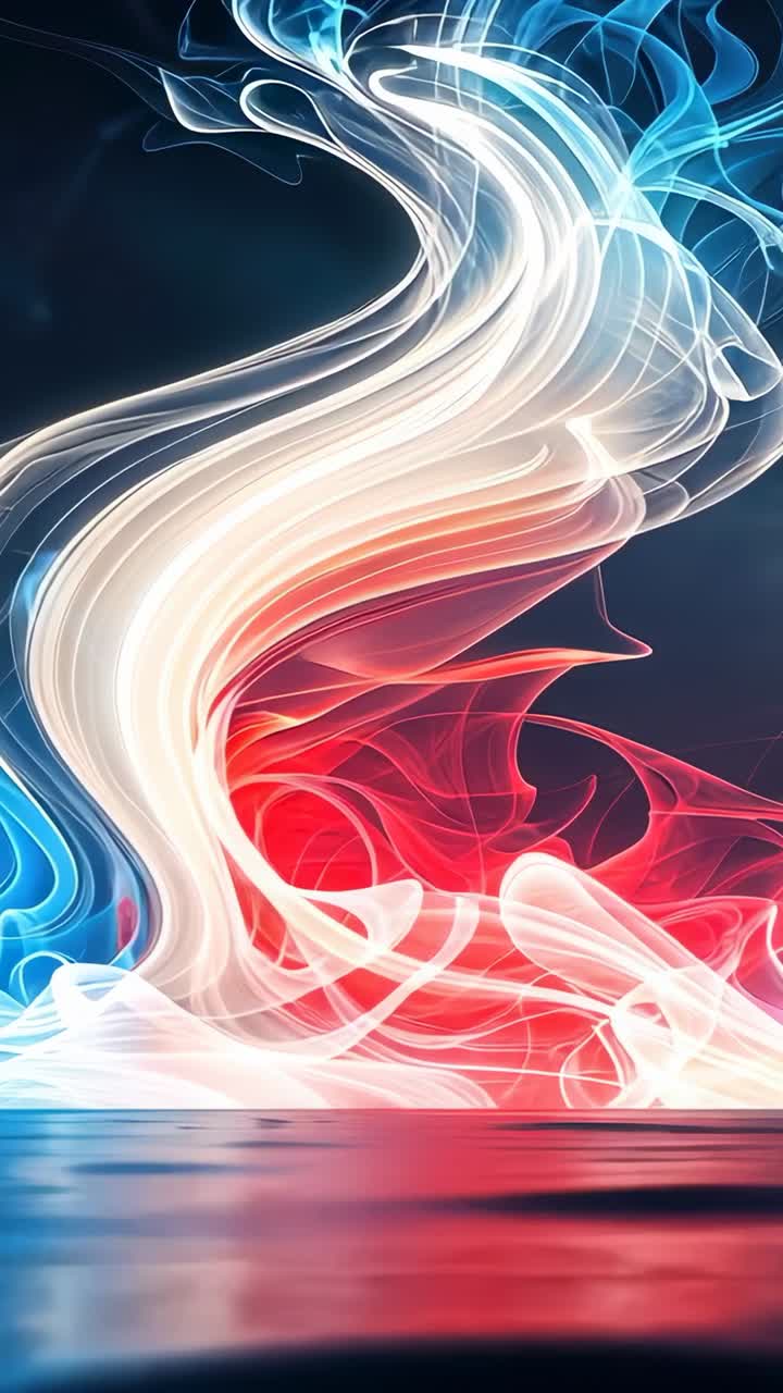 Vertical video: On playback abstract swirl twisting upward on shiny surface showing glowing ribbons