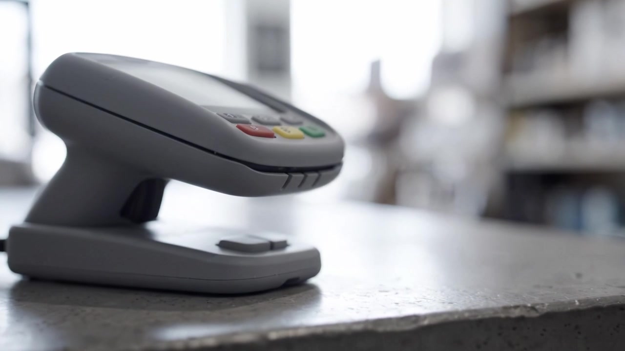 Close-Up of a Modern Contactless Payment Terminal on a Counter in a Retail Environment, Highlighting Technology's Role in Seamless Transactions and Customer Experience