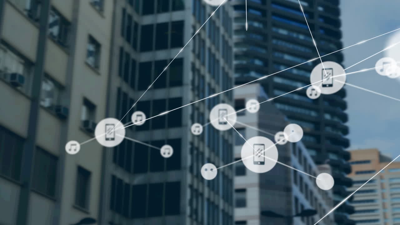 Animação de rede de conexões com ícones sobre um edifício moderno