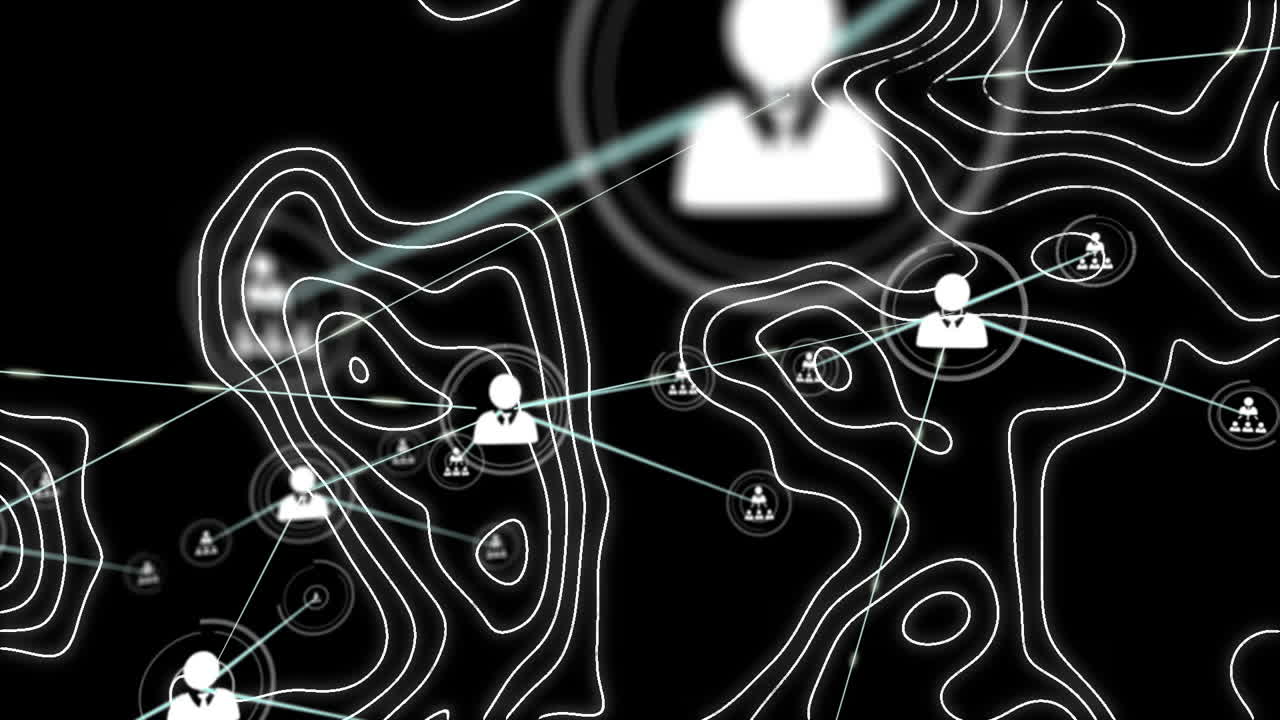 animación de la red de conexiones con iconos sobre líneas blancas del mapa