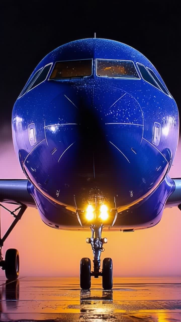 Primo piano drammatico di un aereo moderno di notte con riflessi, che mostra i dettagli del muso, del carrello d'atterraggio e dei fari con uno sfondo colorato.