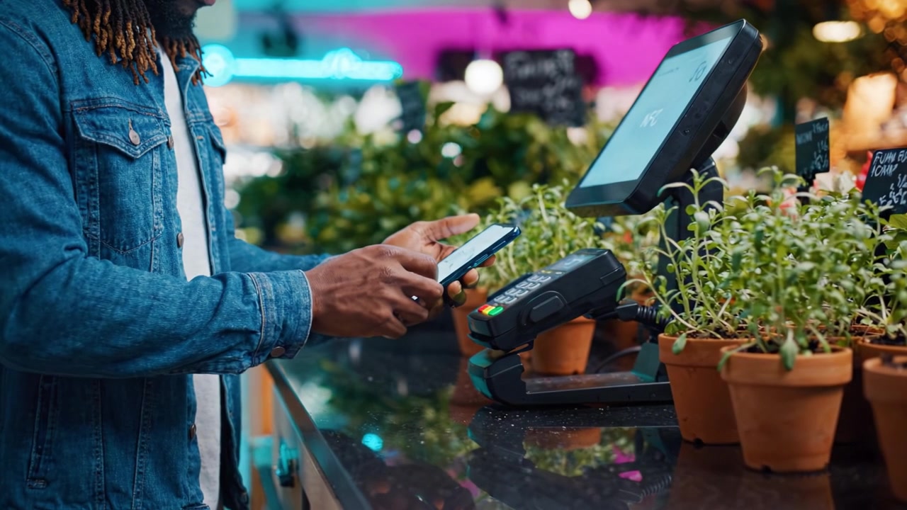 A customer uses a smartphone at a checkout counter surrounded by potted plants and a payment terminal in a vibrant and lively market setting.