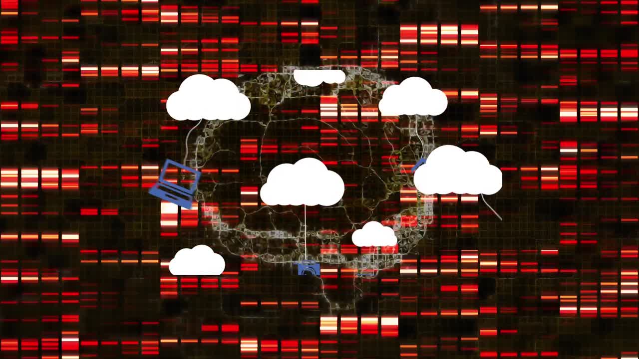 animación de nubes con iconos sobre columnas en movimiento y cerebro digital