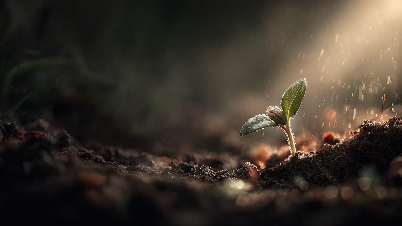 A Resilient Seedling Emerges Triumphantly from the Soil as Sunlight Filters Through, Honoring the Beauty of Nature's Growth and the Cycle of Life
