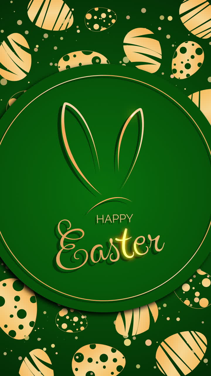 Easter bunny ears and Happy Easter lettering. Figures of golden eggs with patterns on a green background. Looped motion graphic. Vertical video.
