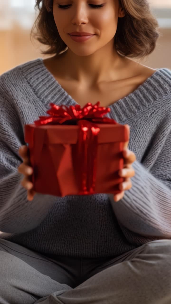 Una donna che presenta felicemente un regalo incartato, irradiando gioia e attesa, in un ambiente interno accogliente mentre indossa un morbido maglione, creando un'atmosfera calda.