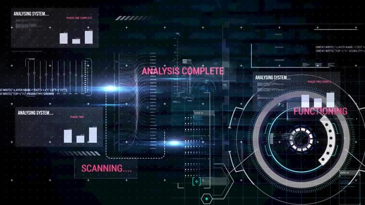 Digital animation of digital interface with data processing against black background