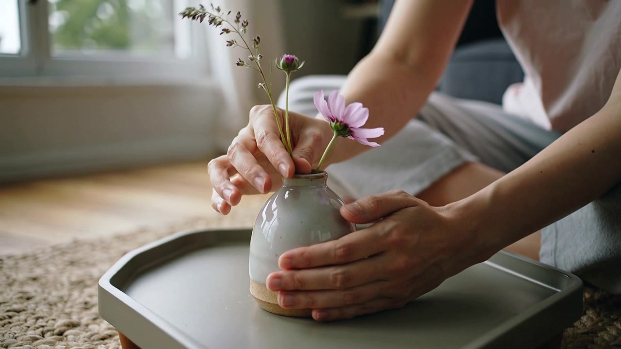 Femme en haut rose stabilisant un vase, insérant et ajustant des marguerites roses à la maison, équilibrant les tiges.
