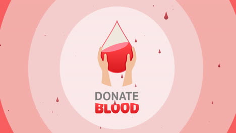 animation of donate blood text with hands and droplet logo, and drops of blood over pink circles