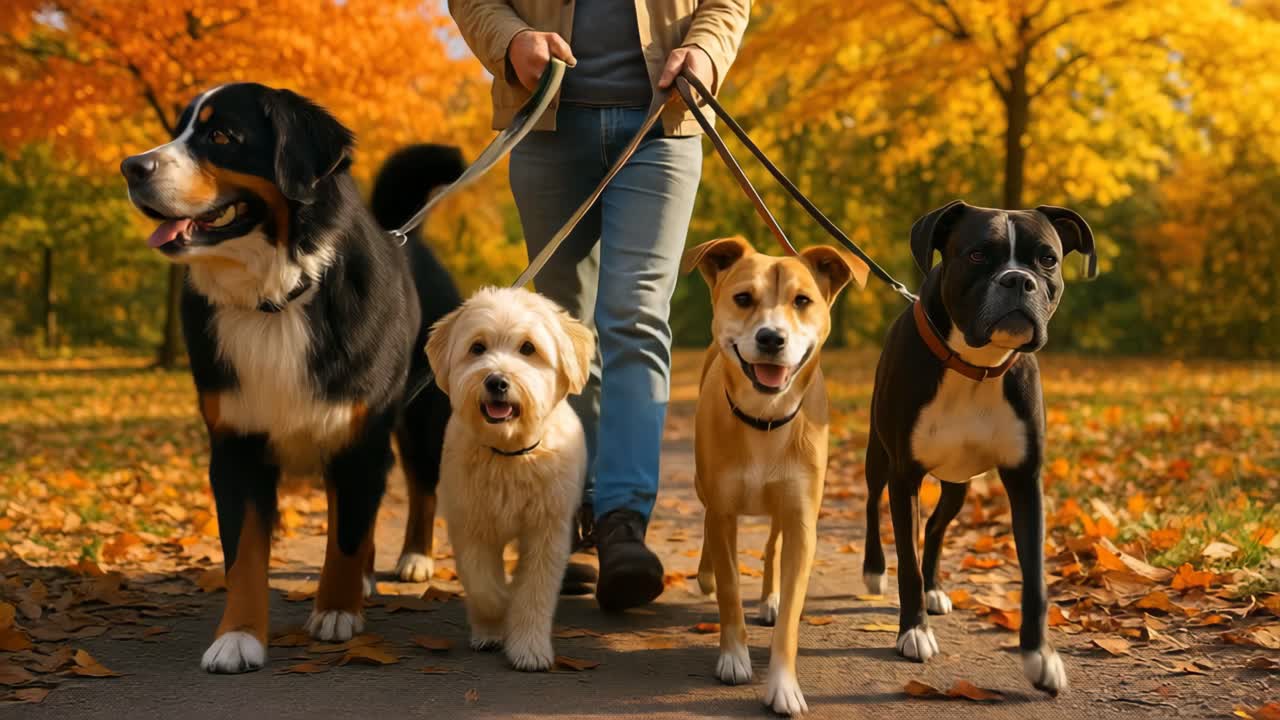 A vibrant autumn scene with a low-angle view of a person walking four dogs on a leaf-covered path