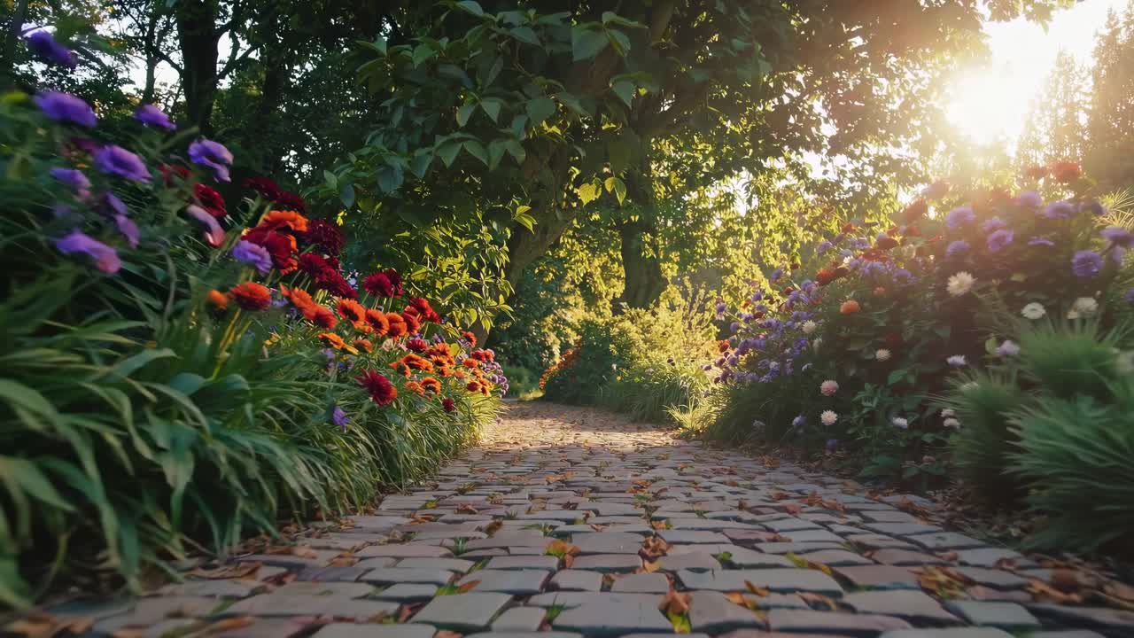 Vídeo de caminho sereno em jardim ao nascer do sol, capturado de baixo ângulo, exibindo flores vibrantes.